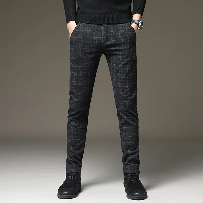 

2020 Stretch Plaid Casual Pants Men Autumn Spring High Quality Business Plaid Trousers Men's Straight Warm Trousers Pant