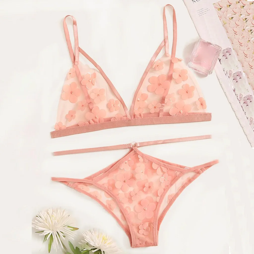 1 Set Lace Lingerie New Women Cute Flower Applique Sheer Cut-Out Bra Thong Lingerie Underwear Set E30