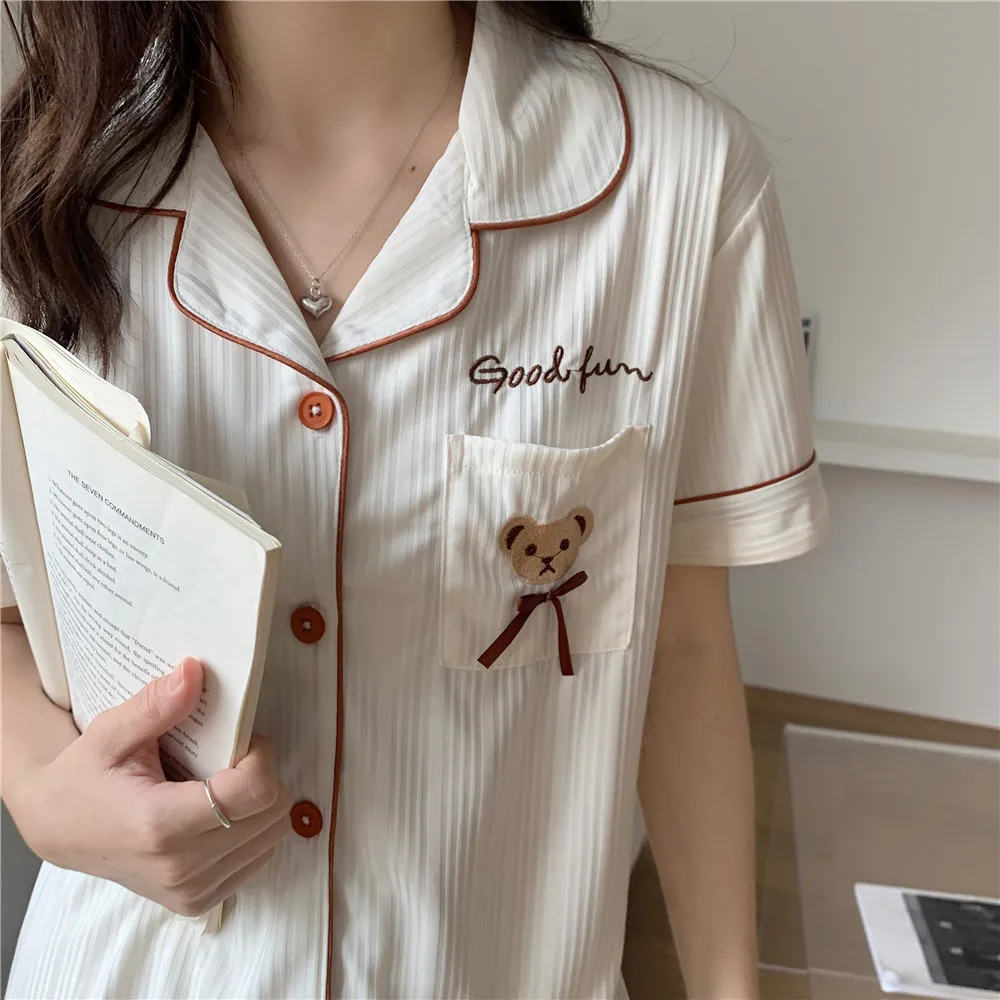 CAIYIER 2021 Japanese Summer Bear Print Women Pajamas Set Cotton Simple Short Sleeve Sleepwear New Ladie Home Service Suit M-2XL