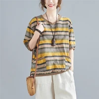 summer retro t shirts loose casual tshirt patchwork cotton linen striped vintage t shirt women literary style tops