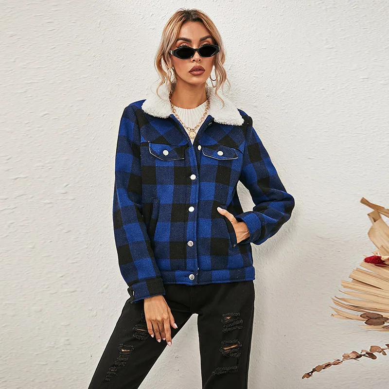 

NEW Women Plaid Jacket Women's Coats Pockets Female Coat Autumn Winter Casual Loose Chic Tops Fashion Warm Fur collar Outwear