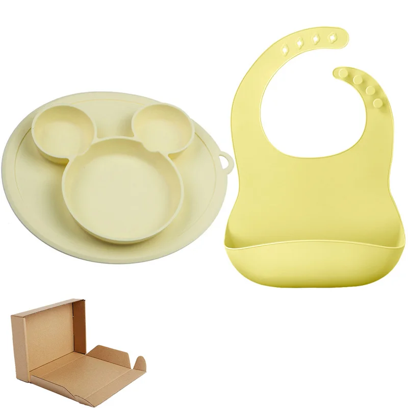 Beige Set Детская силиконовая тарелка, Набор чашек с нагрудниками, Детская силиконовая миска на присоске, водонепроницаемые мягкие Слюнявчики, Детские разделители, Детская тарелка - Цвет: Beige Set
