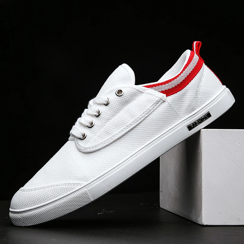 

2021 New Flat Bottom Breathable White Shoes Korean Fashion Trendy Lace-up Sports Canvas Shoes Men Running Sneakers