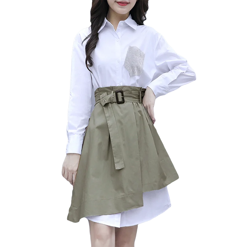 

White Shirt long-sleeved dress early autumn new female early autumn 2020 popular skirt suit two-piece