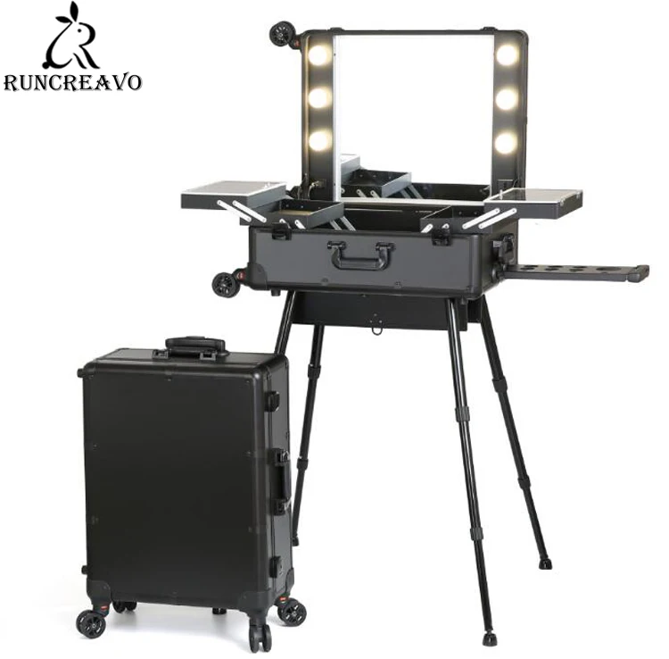 

Portable Dressing Table with Led Mirrors Tray 4 Legs Table Free-standing for Outdoor Studio Artist Making Up Case Black
