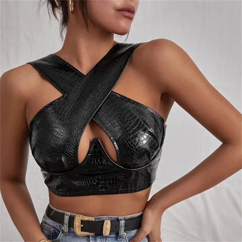 

CHRONSTYLE Sexy Black PU Leather Criss-Cross Tank Fashion Women Cutout Hollow Out Bustiers Summer Clubwear Halter Tube Tops Vest