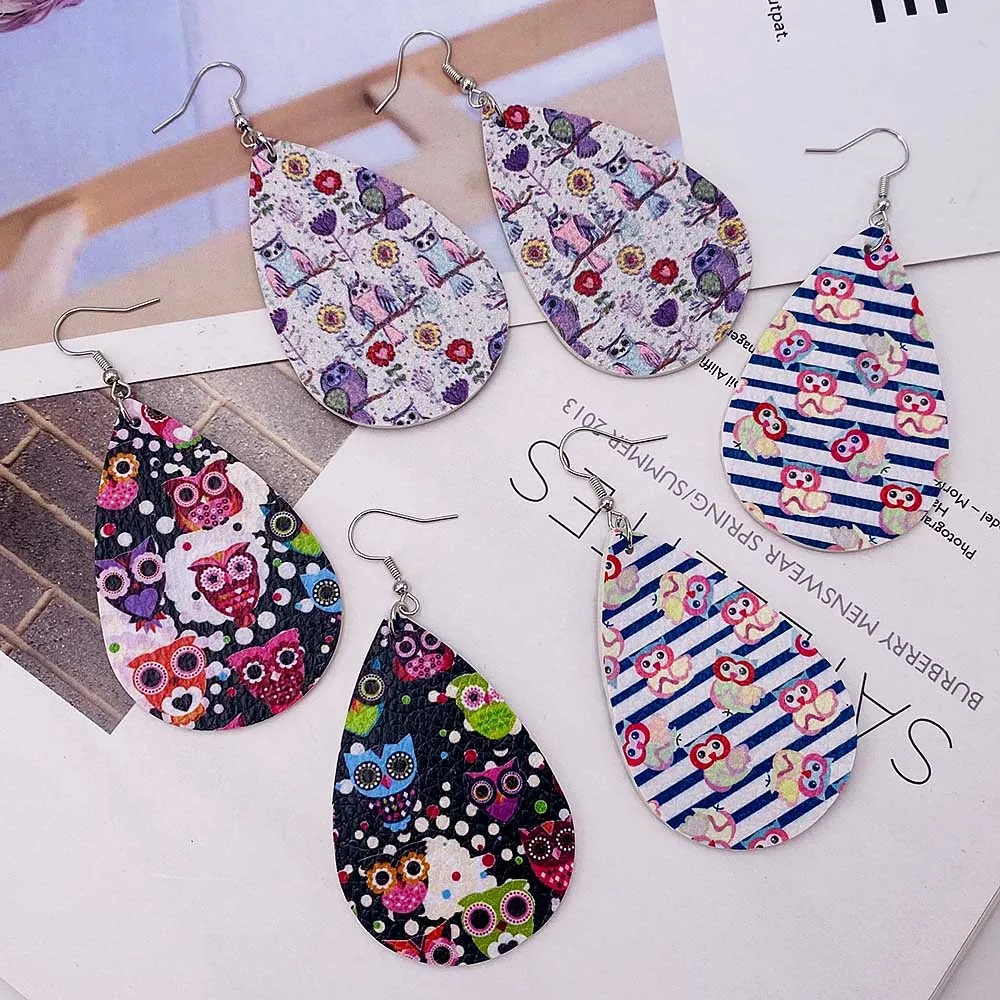 

E7535 ZWPON Cute Owl Print Leather Earrings for Women Trendy Colorful Stripe Statement Earrings Jewelry Wholesale