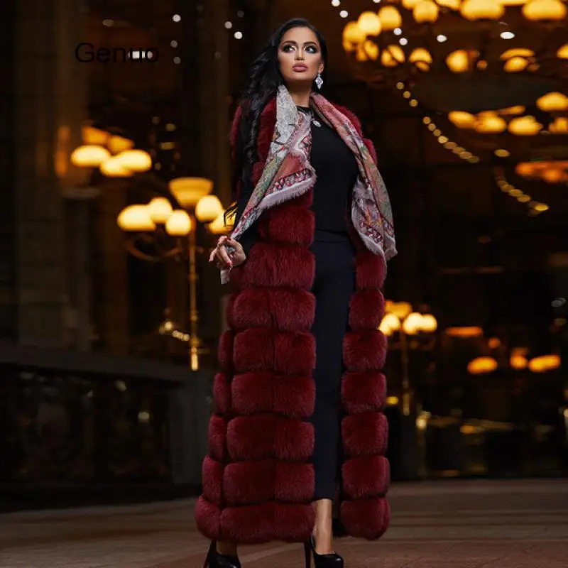 10-section Luxury Faux Fox Fur Winter Vest Jacket Sleeveless Thick Warm Horizontal Striped Long Style Fluffy Fake Overcoat | Женская