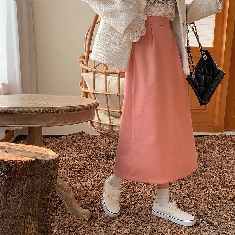 

Women Skirts 2020 New Fashion Autumn Winter Solid Colors Woolen Blended Cotton Skirt Female Korean Simple Wild Warm Clothes
