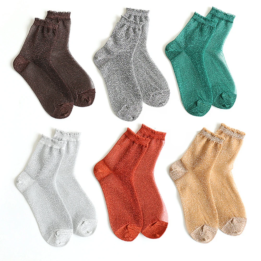 Women Shiny Socks Trendy Fashion Girls Glitter Short Socks Spring Summer Thin Gauze Transparent Lady Sox Soft Comfortable