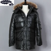fashion genuine leather men black cowskin jacket fur hooded white duck down long two pockets winter coat