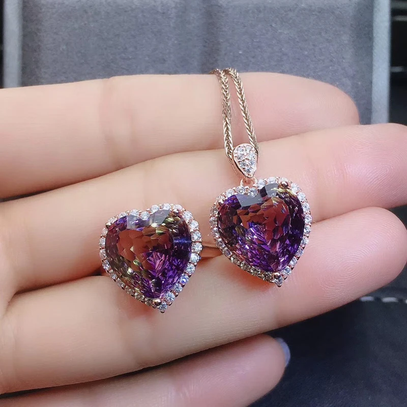 

VANTJ Elegant Ametrine Jewelry Sets 925 Sterling Silver Bird Nest Cut Ring and Pendant Women and Lady Engagment Party Gift Box