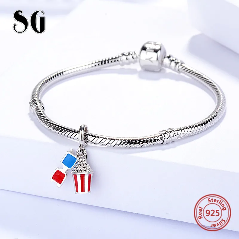 SG попкорн и очки бусины с синим красным эмалью амулеты 925 пробы серебро Подходит