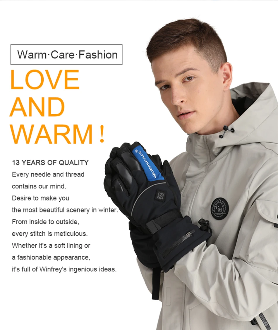 Новые Умные перчатки с подогревом Warmspace 7,4 В, зимние перчатки для лыжного спорта, сохраняющие тепло, литиевая батарея, Самонагревающиеся, мужские перчатки с 5 пальцами