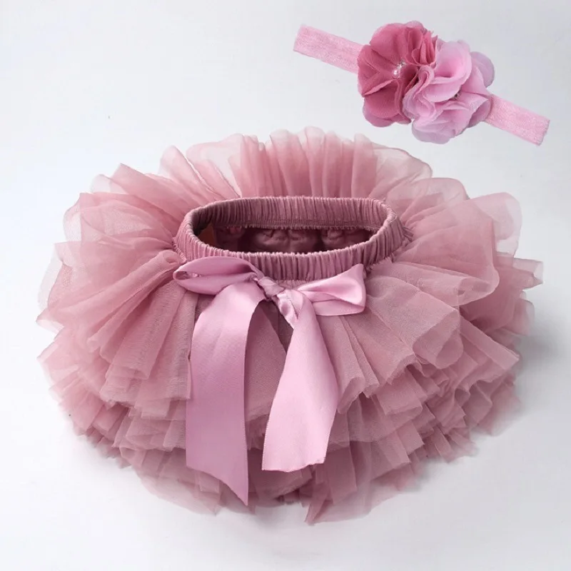 

Baby girl tutu skirt 2pcs tulle lace bloomers diaper cover Newborn infant outfits Mauv headband flower set Baby mesh bloomer