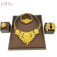 liffly indian charm bridal wedding jewelry sets flower necklace bracelet earrings ring crystal jewelry party fashion jewelry set