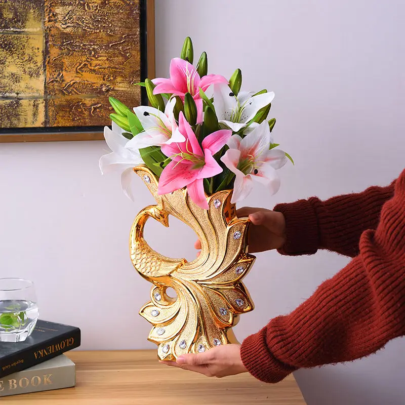 

European Style Gold Ceramic Vase Artificial Flower TV Cabinet Living Room Ornaments Peacock Vases Home Decoration Accessories