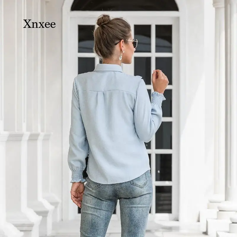 

2020 Spring and Autumn Women's Casual Ruffled Lantern Sleeve Shirt Lapel Long Sleeve Shirt New Elegant Pure Color