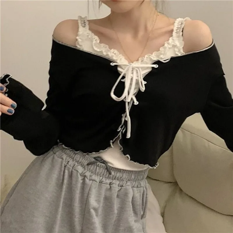 

Women Long Sleeve T-shirts Lace-up Patchwork Ruffles Trendy Sweet Lovely Crop Tops Sexy Females Leisure Chic All-match Outwear