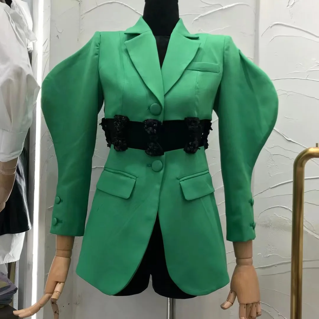 

Chic Hollow-out Waist with Beaded Bowknots Women Suit Blazer Autumn Unique Puffy Sleeves Blazer Jacket