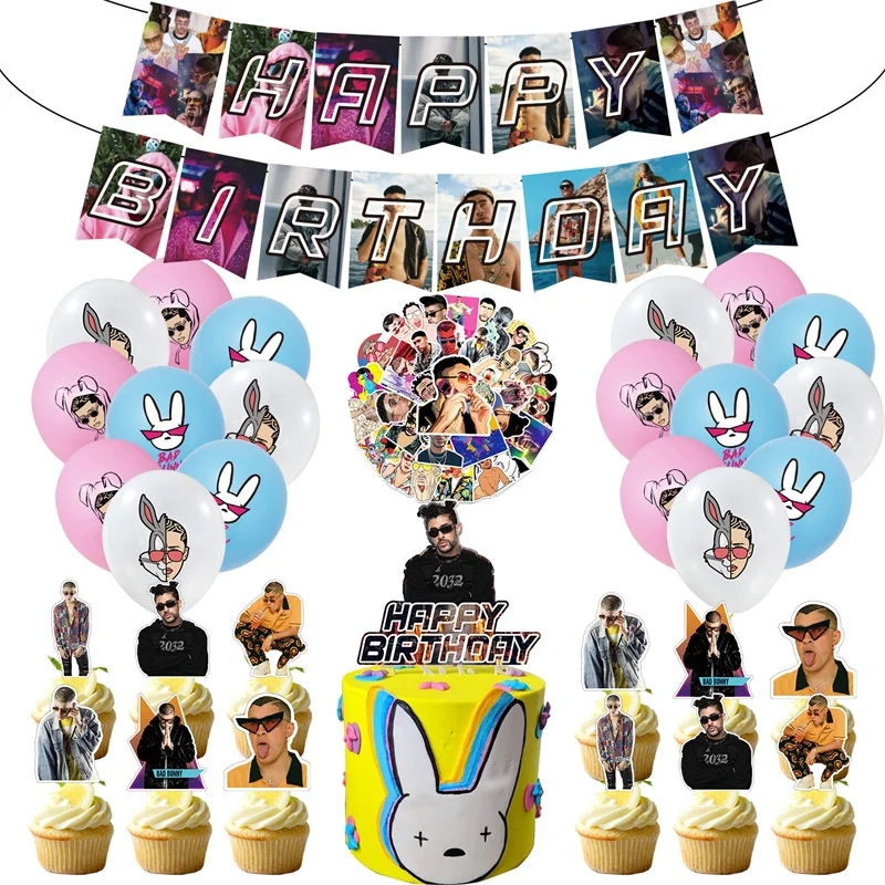 

Наклейка в виде звезды певицы и плохого кролика, баннер на день рождения, персонаж для торта, топпер для фанатов, товары для вечеринок для вз...