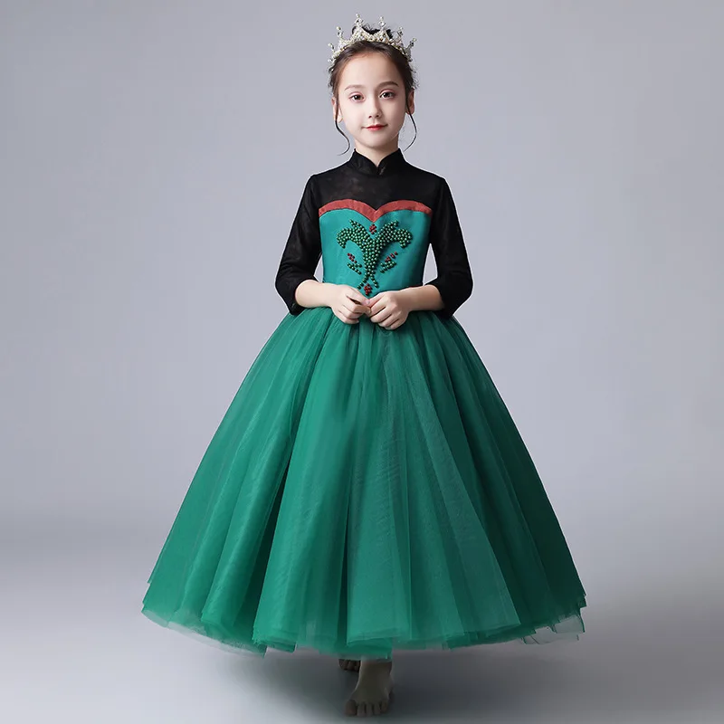 Платье принцессы Анны зеленое с цветочной вышивкой для маленьких девочек платья