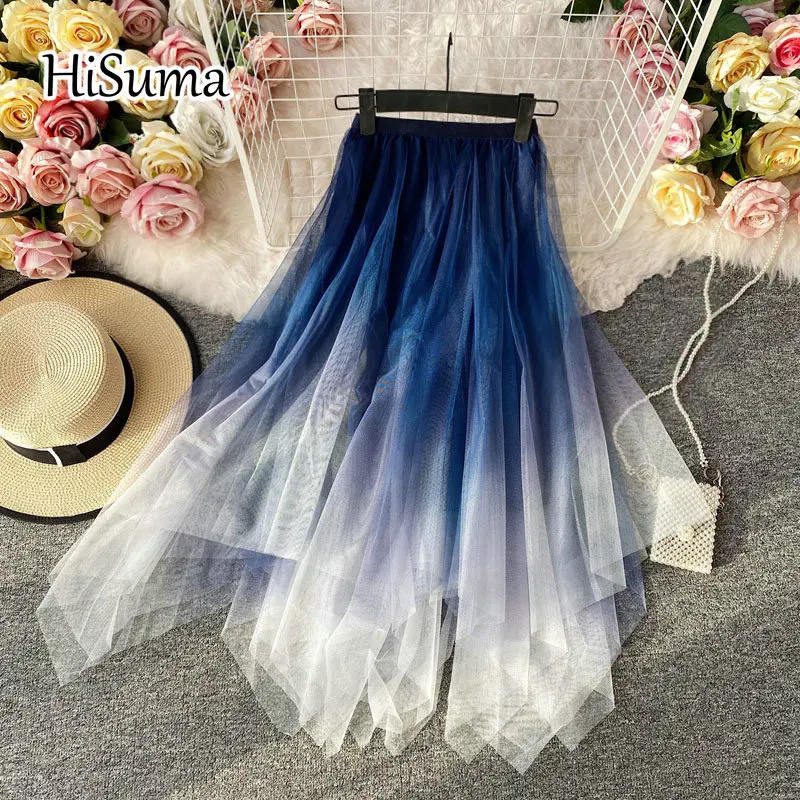 

2023 summer New Female chic Irregular double-layer gradient mesh Skirt Women's Elegant Hight Waist gauze skirts