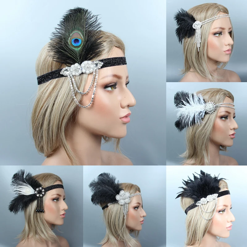 

New Vintage Feather Headband 1920s Beaded Sequin Hair Band Vintage Rhinestone Party Prom Headpiece Women Hair Accessories