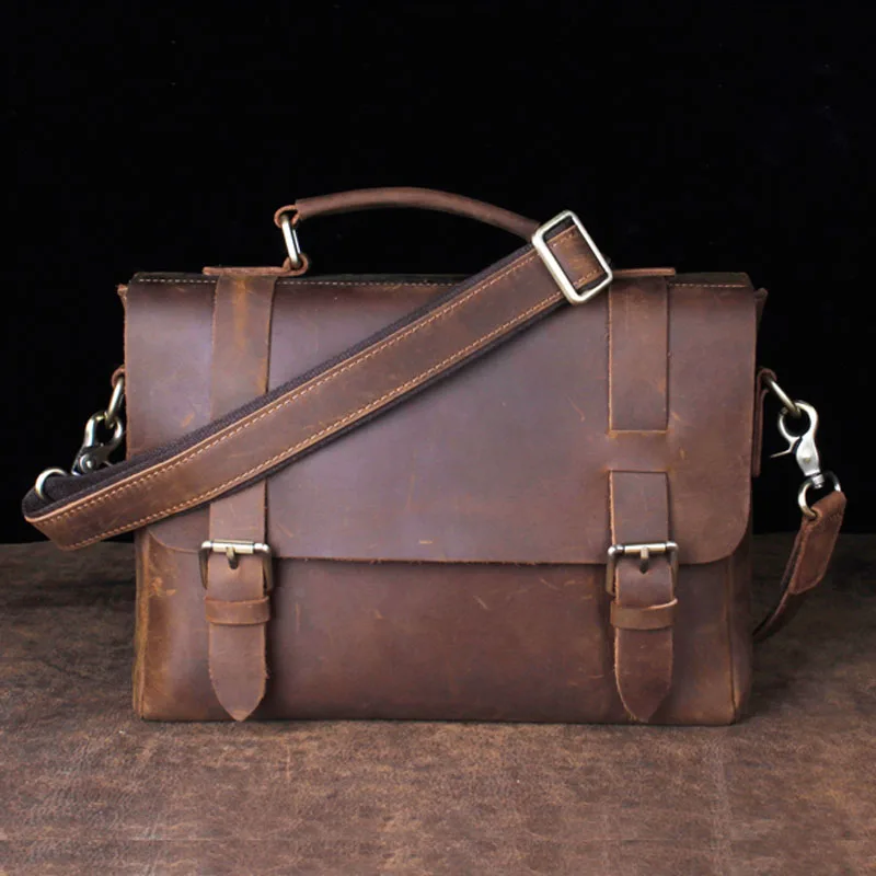 Мужские сумки из натуральной воловьей кожи портфель с клапаном на ремне через