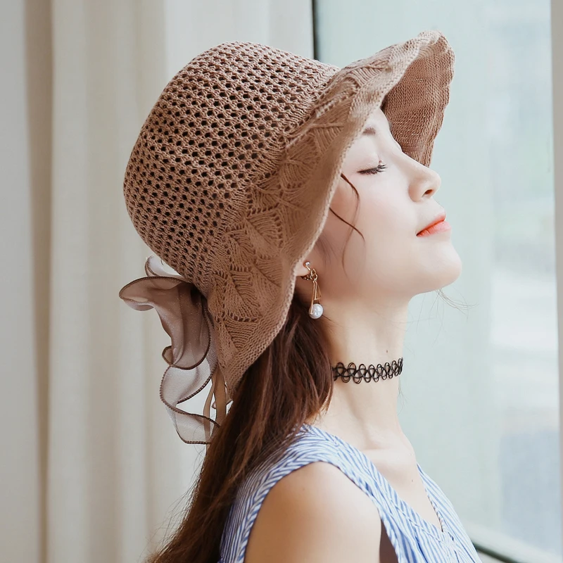 

Spring And Summer Korean Silk Big Bow Cotton And Hemp Sunshade Hat Women's Summer Beach Big Cornice Hat Foldable Sun Hat