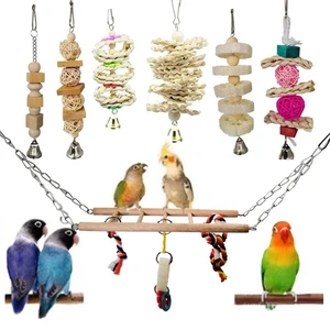 7 Pcs Bird Parrot Ladders Toys Natural Wood Chewing Toy Bird Cage Toys Hanging Swing Hammock Climbing Sepak Takraw Toys