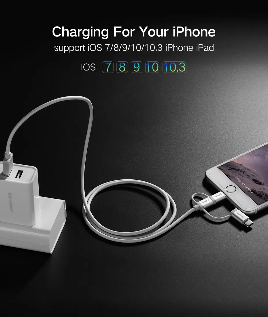Ugreen 3 в 1 Lightning USB кабель для iphone 8 7 Micro USB кабель быстрой зарядки Тип USB C для OnePlus 5 Samsung Galaxy S8 LG V3
