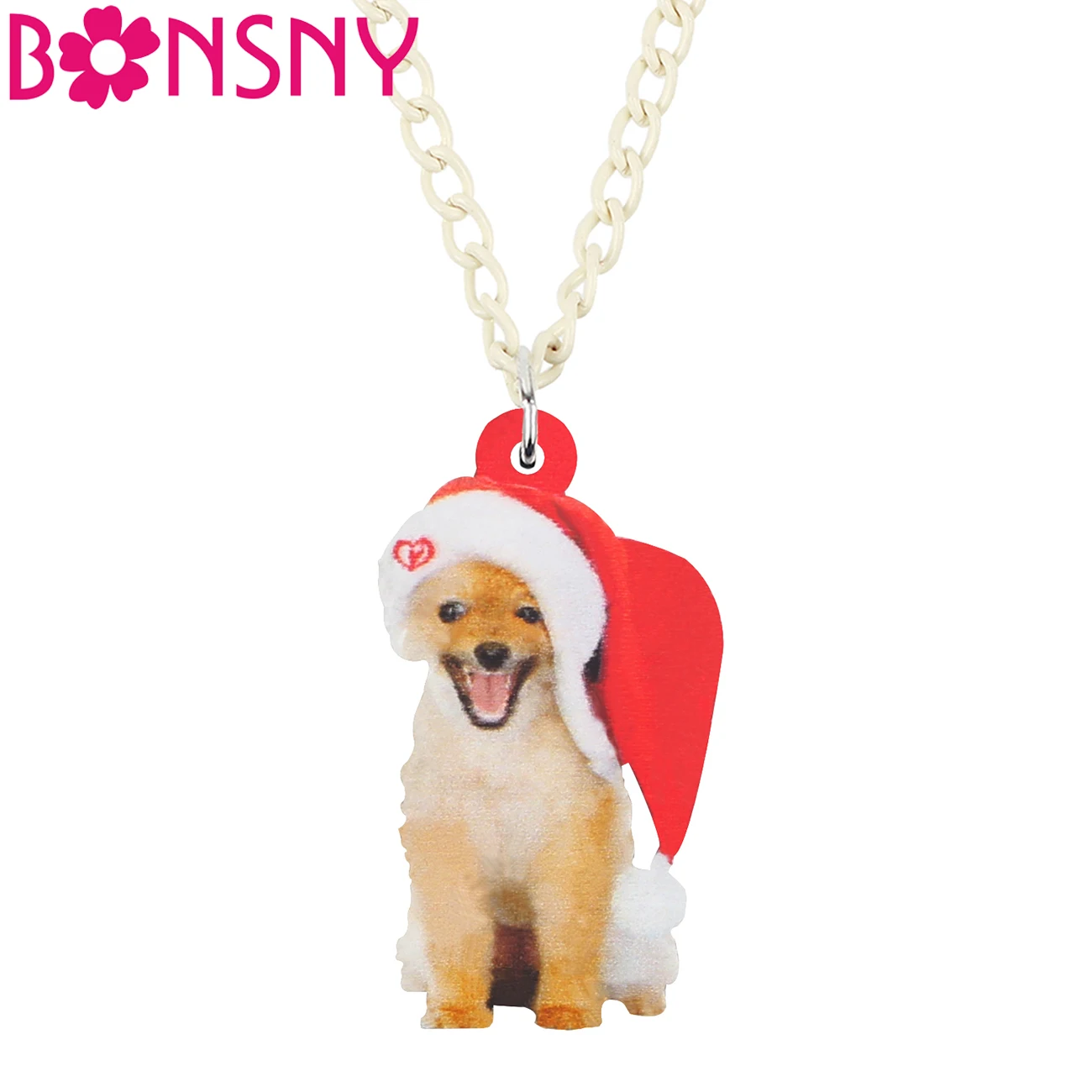 

Bonsny Acrylic Christmas Hat Golden Retriever Dog Necklace Pendant Chain Choker Animal Jewelry Girls Teens Kids Decorations Gift