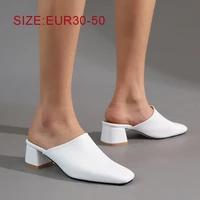 summer women slippers mules plus big size 43 44 45 46 47 48 49 50 handmade med block heels slides shoes square toe black british