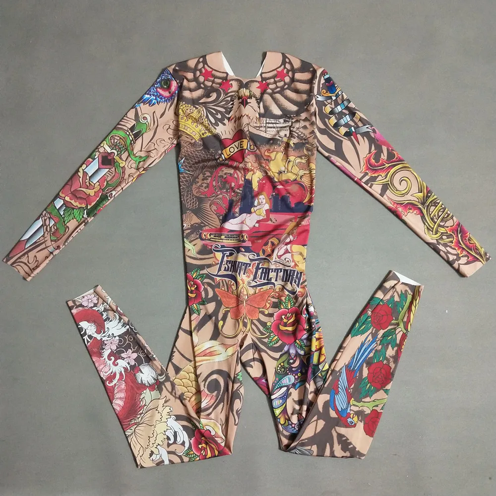 Женский страшный костюм на Хэллоуин Облегающий комбинезон с принтом