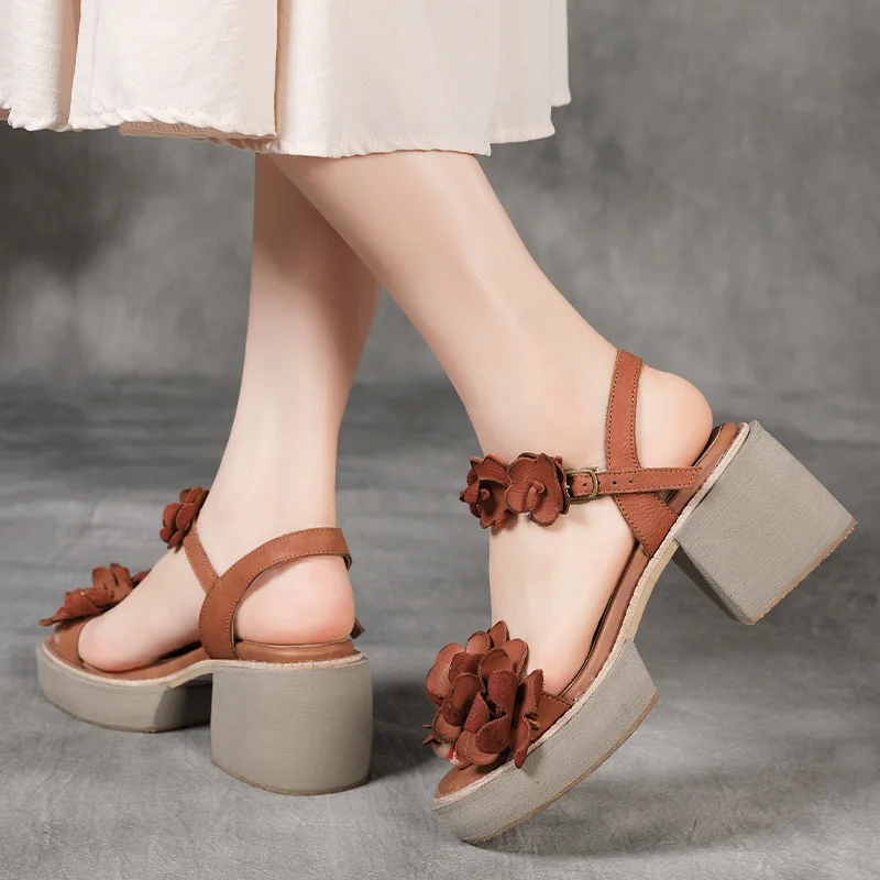 

YourSeason Ladies Sandals Buckle Strap Floral Retro Concise Leisure Female Platform High Heels Sandal Shoes Genuine Leather