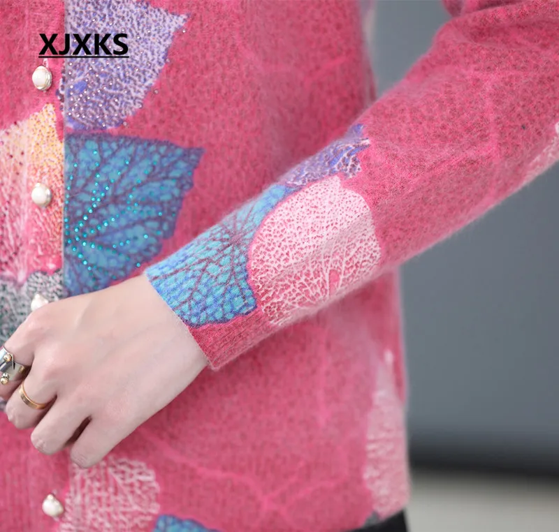 XJXKS 2020 spring winter new women Mink Cashmere sweater loose plus size fashion single-breasted cardigan printed |