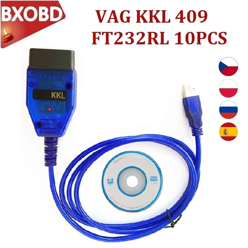 10 шт./лот OBD2 зарядный кабель USB COM VAG KKL 409 OBDII сканера штрих кода диагностический FTDI