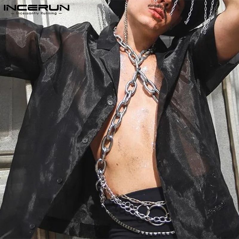 

Модная мужская рубашка, сетчатая прозрачная уличная одежда, сексуальная одежда 2022 для вечерние НКИ, ночного клуба, мужская рубашка с отворо...