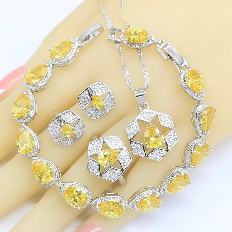 Женский комплект ювелирных изделий с желтым цирконием серебряного цвета браслет