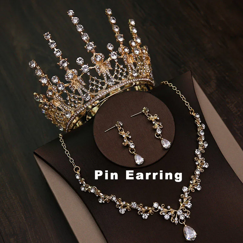 Gold Crown Set Pin Свадебные комплекты ювелирных изделий барокко круглый набор с тиарой полный круг Корона Ожерелье Серьги Королева Принцесса пышный день рождения корона ребенок - Окраска металла: Gold Crown Set Pin