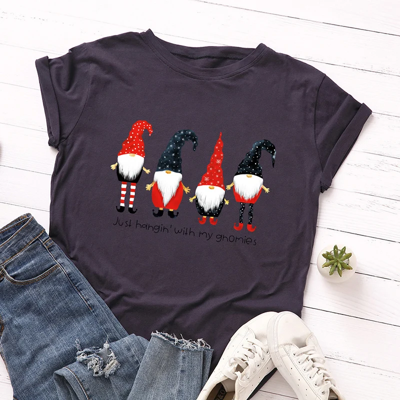 Рождественская футболка женская с Санта Клаусом топ коротким рукавом и надписью