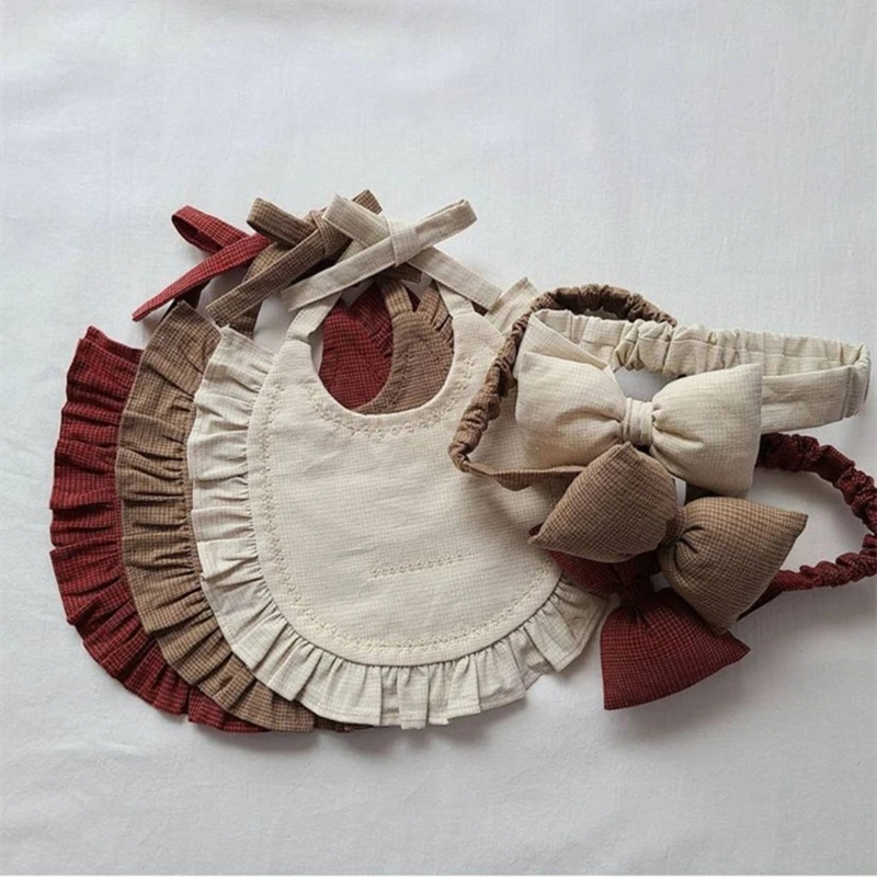 

2Pcs Baby Bib Bow Knot Headband Set Solid Color Ruffles Saliva Towel Burp Cloth