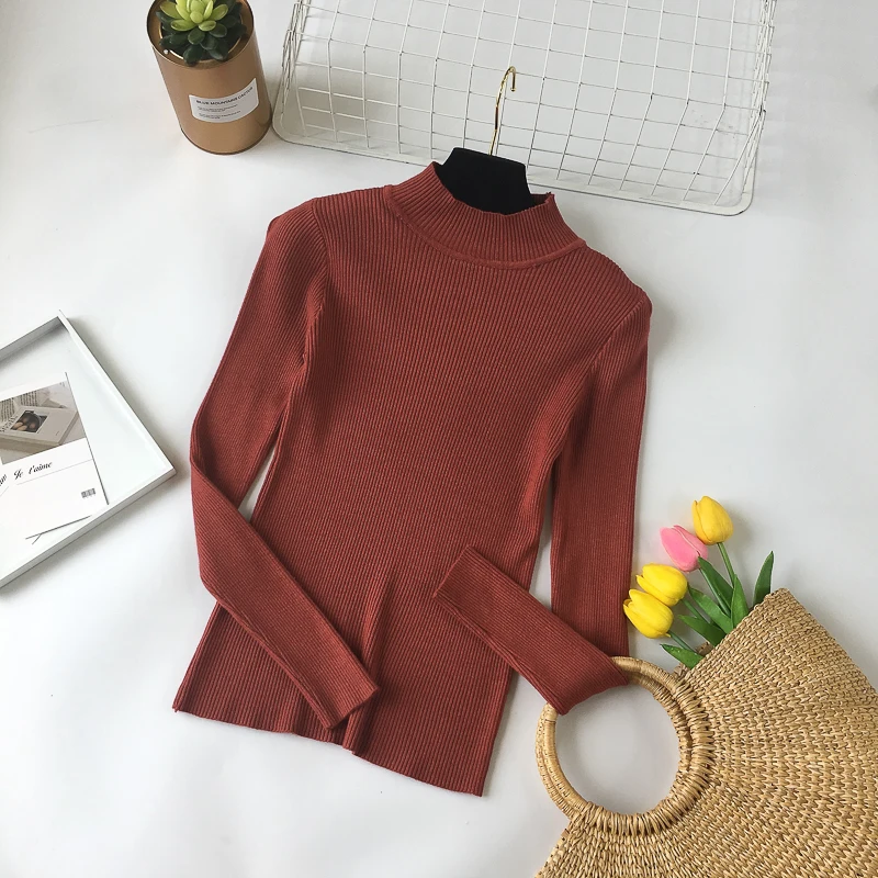 Brick red NIJIUDING, новинка, модные женские свитера, Осень-зима, эластичные пуловеры, женские, одноцветные, с длинным рукавом, половина водолазки, топы, повседневные - Цвет: Brick red