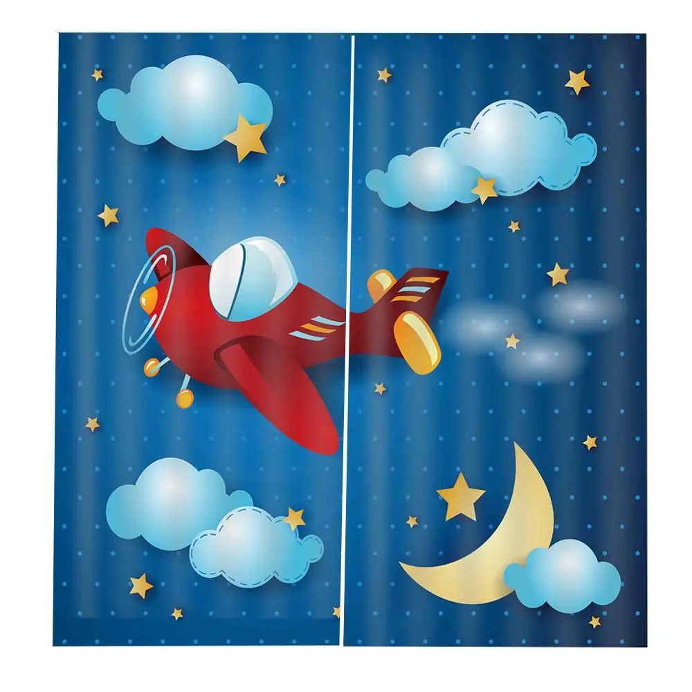 

Custom Cartoon Airplane Pattern Curtain Fabric Childrens Room Modern Indoor Drapes 2 Panels Hooks left and right side)