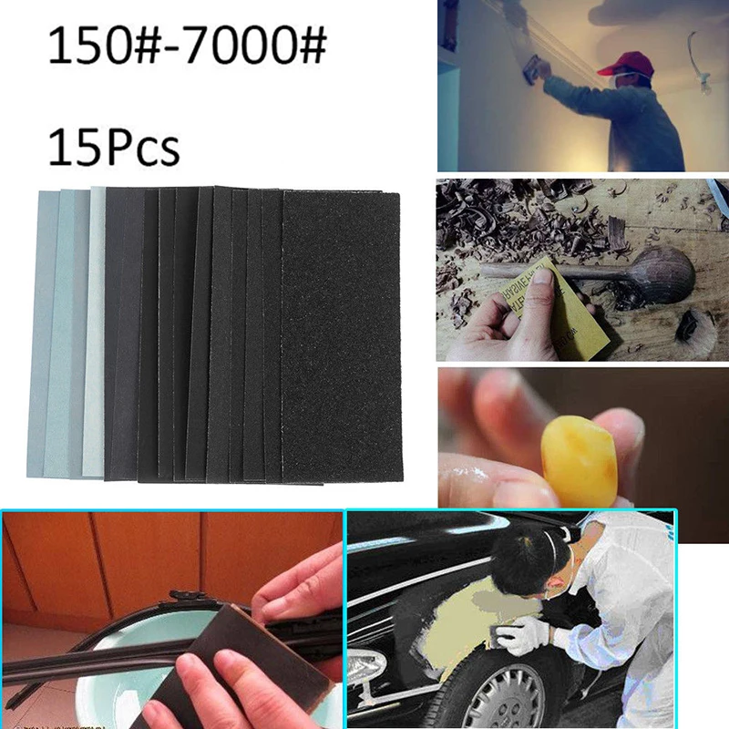 

15pcs Waterproof Oil-resistant Wet Dry Sandpaper 150 To 7000 Grit Assortment Abrasive Paper Sheets For Sanding Wood Furniture