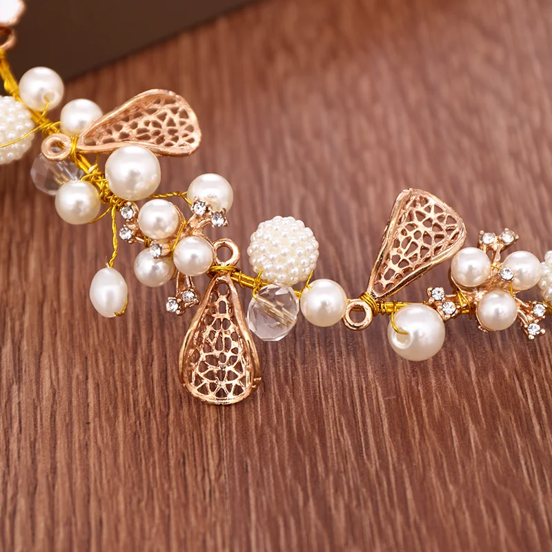 Gold Pearl Rhinestone Flower Headband Bride Headpiece Handmade Wedding Hair Band Head Jewelry For Women Baridal Accessories | Украшения и