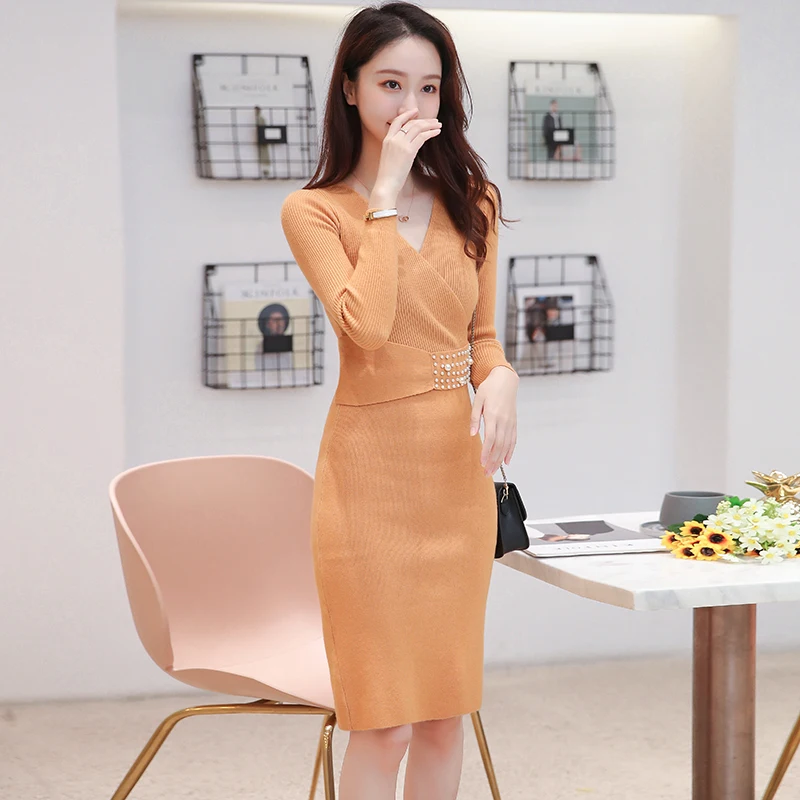 Модное осеннее трикотажное платье женские свитера платья с поясом стрейчевое