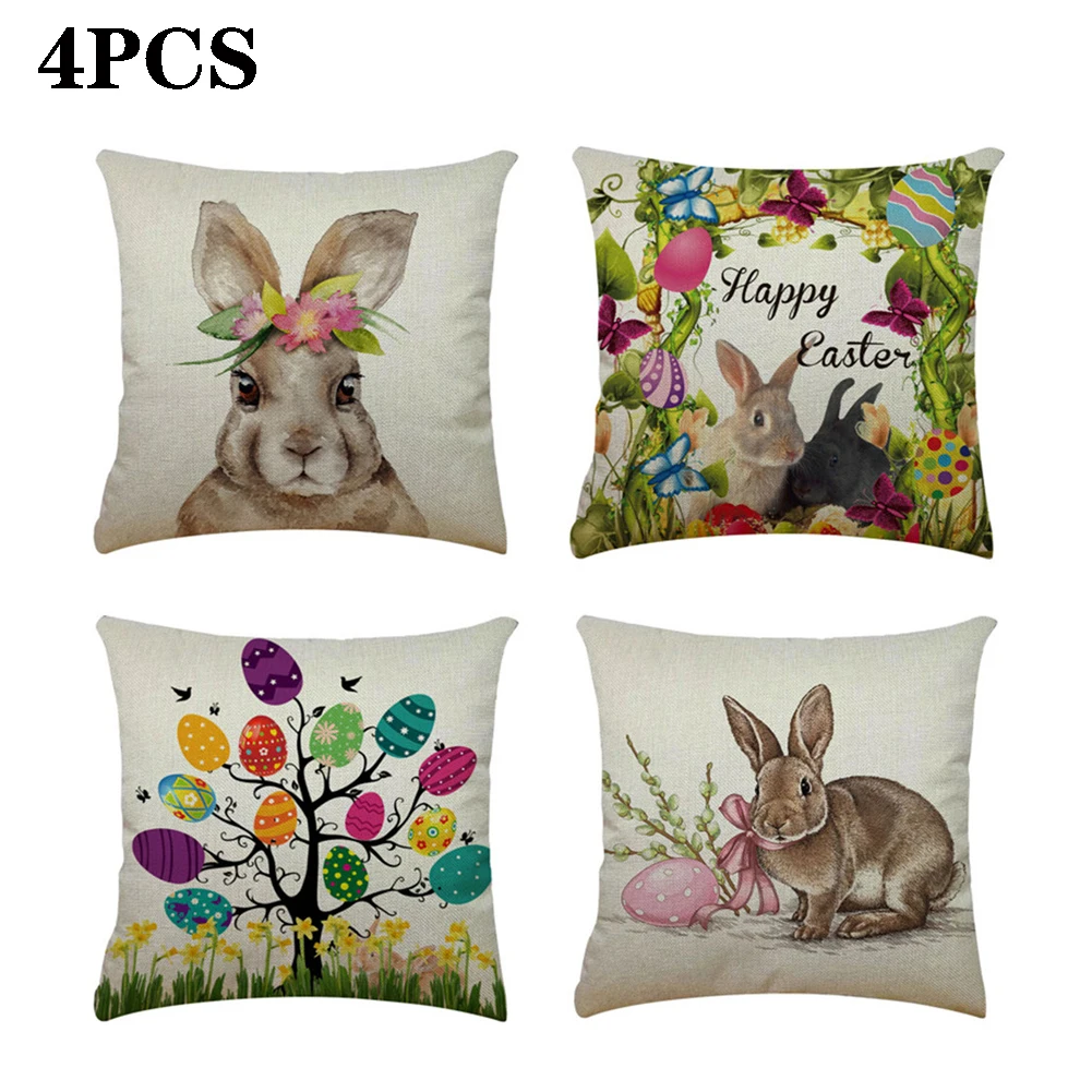 

Hot Sale Pillowcase Colorful Easter Rabbit Easter Egg Print Cotton Pillow Cover Easter Sofa Home Decoration