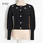 2020 Winter Women Fashion Luxury Top Clothes Embroidered Florets Twist Puff Sleeve High Waist Knitted Sweater Cardigan Jacket